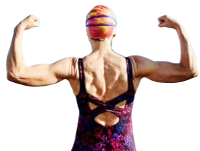 A flexing women, seen from the back. She is wearing a swimsuit and swim cap. 